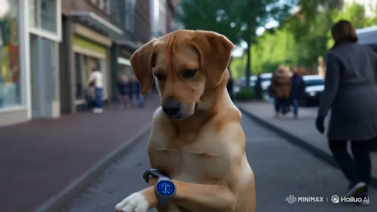 Intelligent Dog Wears Watch, Waves on City Street – AI Generated Video | Hailuo AI