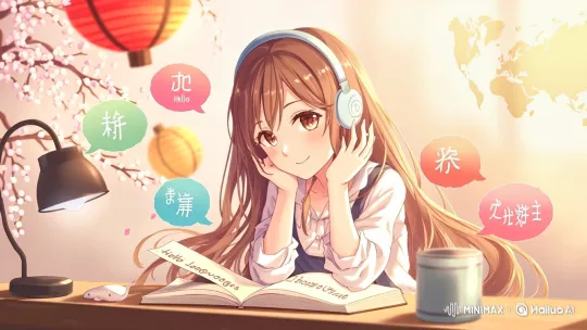 Anime Student Enjoys Multilingual Learning in Cozy Study Space – AI Generated Video | Hailuo AI