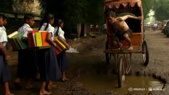 Rickshaw Puller Struggles Amidst Schoolchildren's Walk – AI Generated Video | Hailuo AI