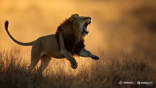 Golden Hour Roar: Majestic Lion in Savanna – AI Generated Video | Hailuo AI