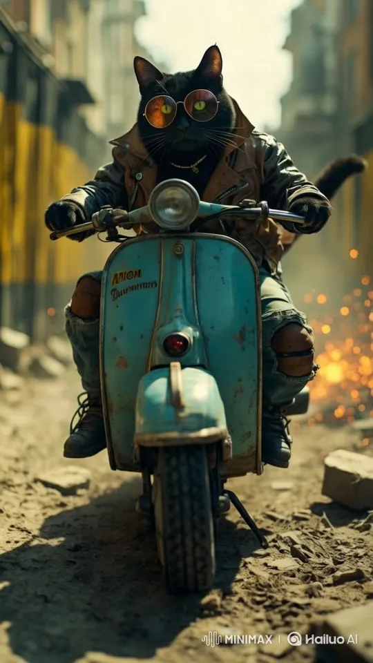 Post-Apocalyptic Black Cat Scooter Ride in Dramedy Style – AI Generated Video | Hailuo AI