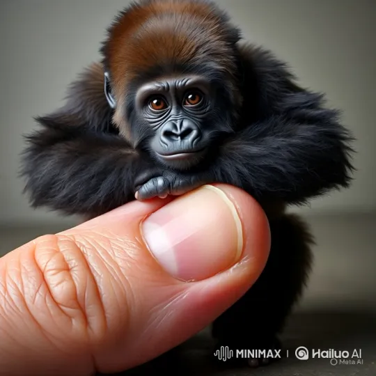 Close-up of a Tiny Baby Gorilla Resting on a Thumb – AI Generated Video | Hailuo AI