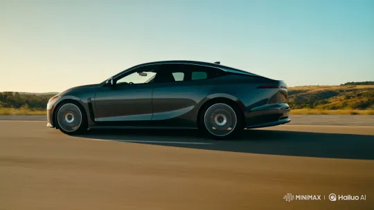 Sleek Sedan Glides on Curving Road: Tracking Shot – AI Generated Video | Hailuo AI