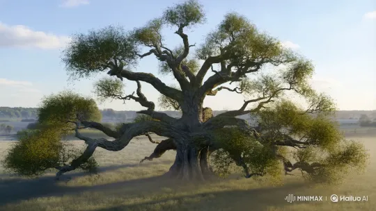 Majestic Oak Tree in Misty Dawn Field – AI Generated Video | Hailuo AI