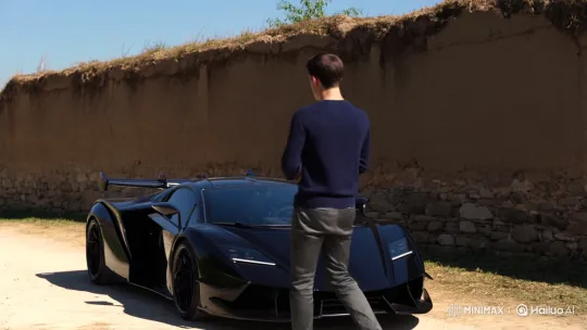 Young Man Drives Lamborghini Away from Traditional Village – AI Generated Video | Hailuo AI