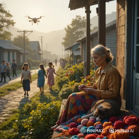 Elderly Woman Crochets in Peaceful Village Setting – AI Generated Video | Hailuo AI