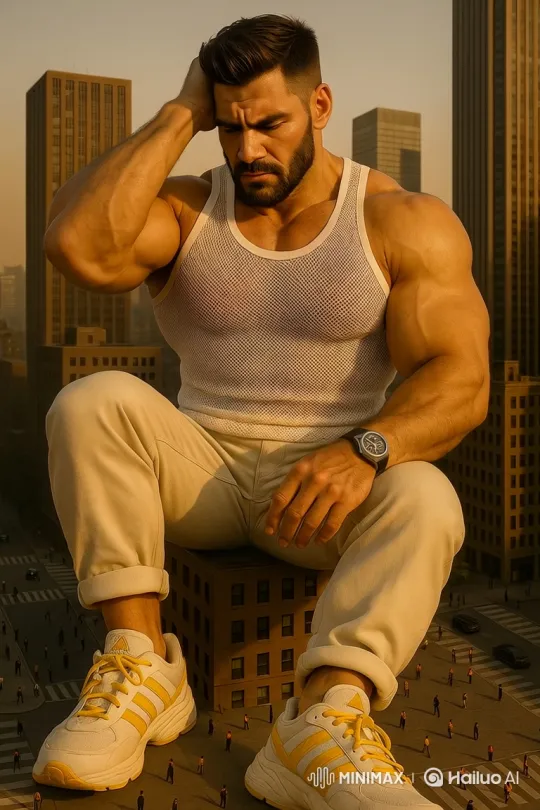 Colossal Man Flexes Power on Skyscraper at Dusk – AI Generated Video | Hailuo AI