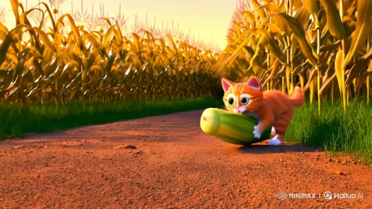 Adorable Kitten Struggles with Corn in Golden Field – AI Generated Video | Hailuo AI