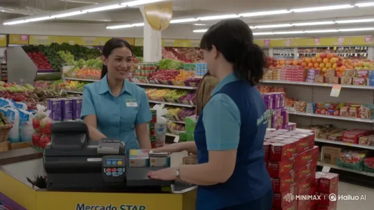 Friendly Cashier Delivers Excellent Service at Mercado STAR – AI Generated Video | Hailuo AI