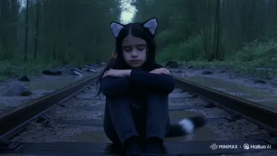 Sad Girl with Cat Features Faces Train in Rainy Forest – AI Generated Video | Hailuo AI