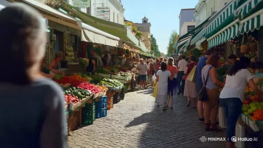 Vibrant Outdoor Market Walkthrough on a Sunny Day – AI Generated Video | Hailuo AI