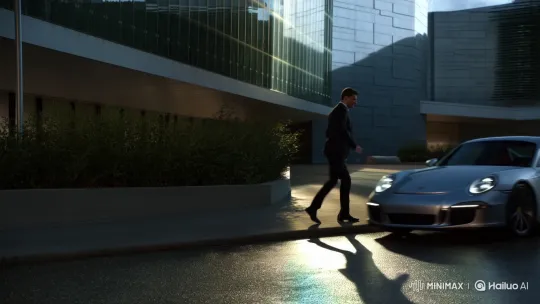 Man Drives Away in Porsche 911 from Modern Building – AI Generated Video | Hailuo AI