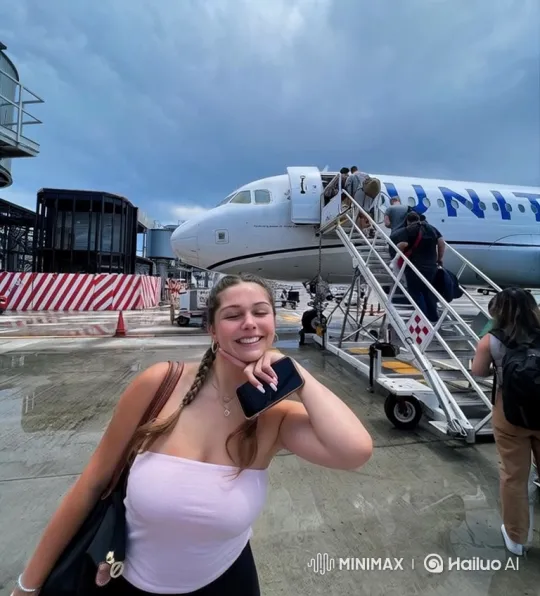 Young Woman Smiles, Boards Plane at Airport – AI Generated Video | Hailuo AI