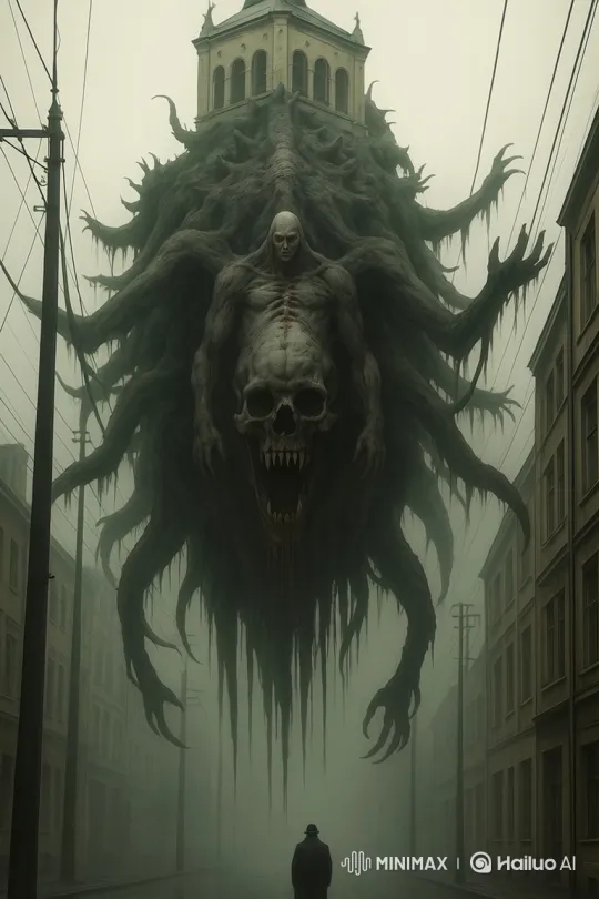 Desolate Street: Human Faces Ominous Cathedral Creature – AI Generated Video | Hailuo AI