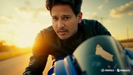 Cinematic Close-Up of a Biker on a Blue Superbike – AI Generated Video | Hailuo AI