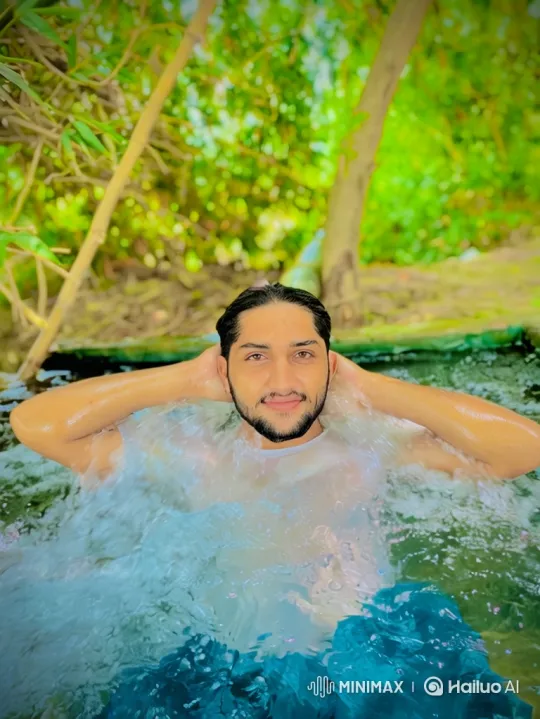 Young Man Enjoys Natural Pool, Sips Stylish Drink – AI Generated Video | Hailuo AI