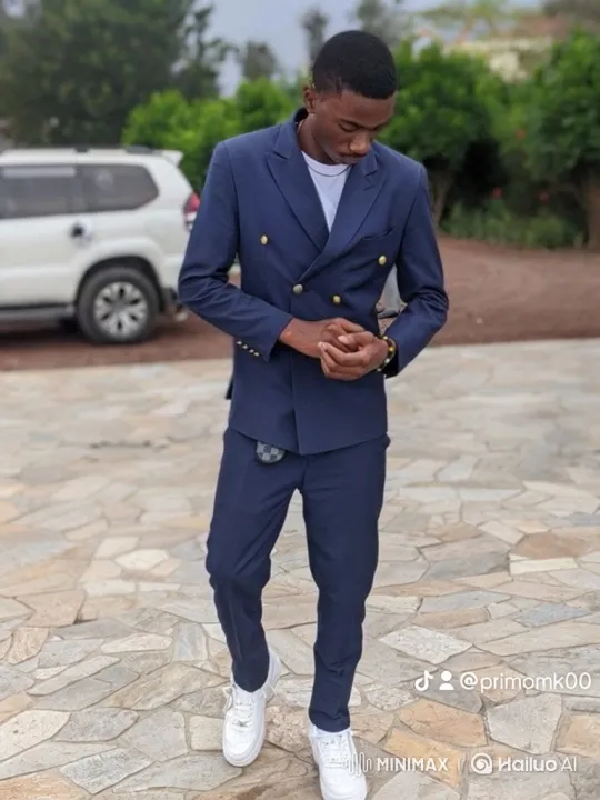 Young Man in Navy Suit Stands Confidently on Patio – AI Generated Video | Hailuo AI