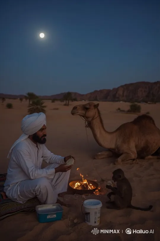 Man and Monkey Share Bread by Desert Campfire – AI Generated Video | Hailuo AI