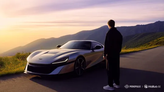 Person Admires Sports Car on Mountain Road at Sunset – AI Generated Video | Hailuo AI
