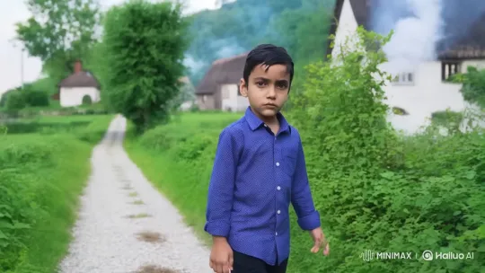 Boy Walks Through Rustic Village Path – AI Generated Video | Hailuo AI
