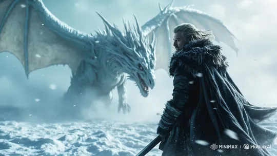 Fantasy Standoff: Warrior vs. White Dragon in Snowy Battlefield – AI Generated Video | Hailuo AI