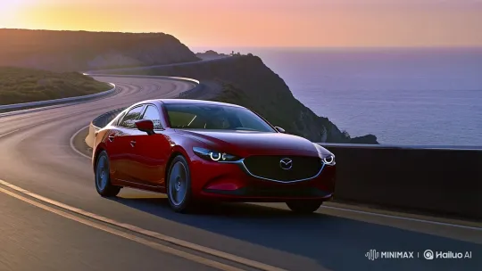 Red Mazda 6 Sedan on Coastal Sunset Drive – AI Generated Video | Hailuo AI