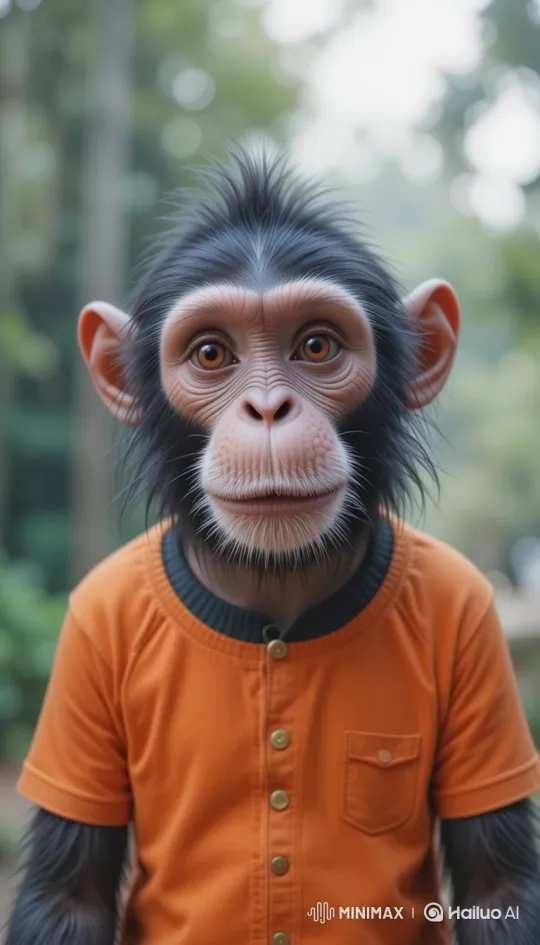 Chimpanzee in Green Forest with Curious Smile – AI Generated Video | Hailuo AI