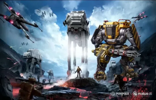 Intense Battlefield with AT-ATs, Robots, and Aerial Dogfight – AI Generated Video | Hailuo AI