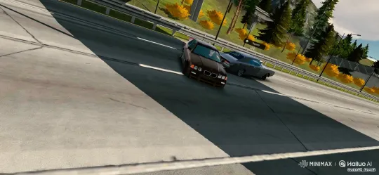 High-Speed Chase: BMW and Muscle Car on Autumn Highway – AI Generated Video | Hailuo AI