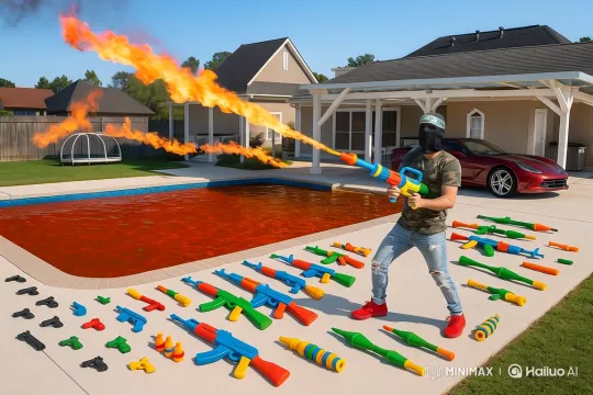 Man in Mask Unleashes Fire Over Backyard Pool – AI Generated Video | Hailuo AI