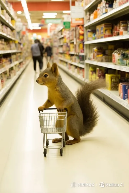 Cute Squirrel Shopping with Trolley in Supermarket – AI Generated Video | Hailuo AI