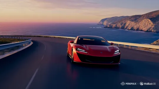 Red Sports Car Speeding on a Coastal Highway at Sunset – AI Generated Video | Hailuo AI