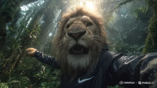 Hyper-Realistic Lion Takes Selfie Walk in Jungle – AI Generated Video | Hailuo AI