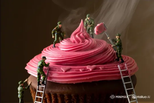 Miniature Soldiers Decorate a Giant Chocolate Cupcake – AI Generated Video | Hailuo AI