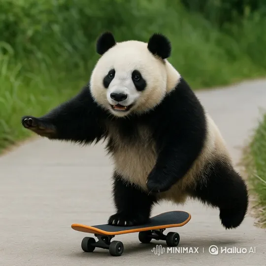 Giant Panda Skates Expertly in Skatepark – AI Generated Video | Hailuo AI