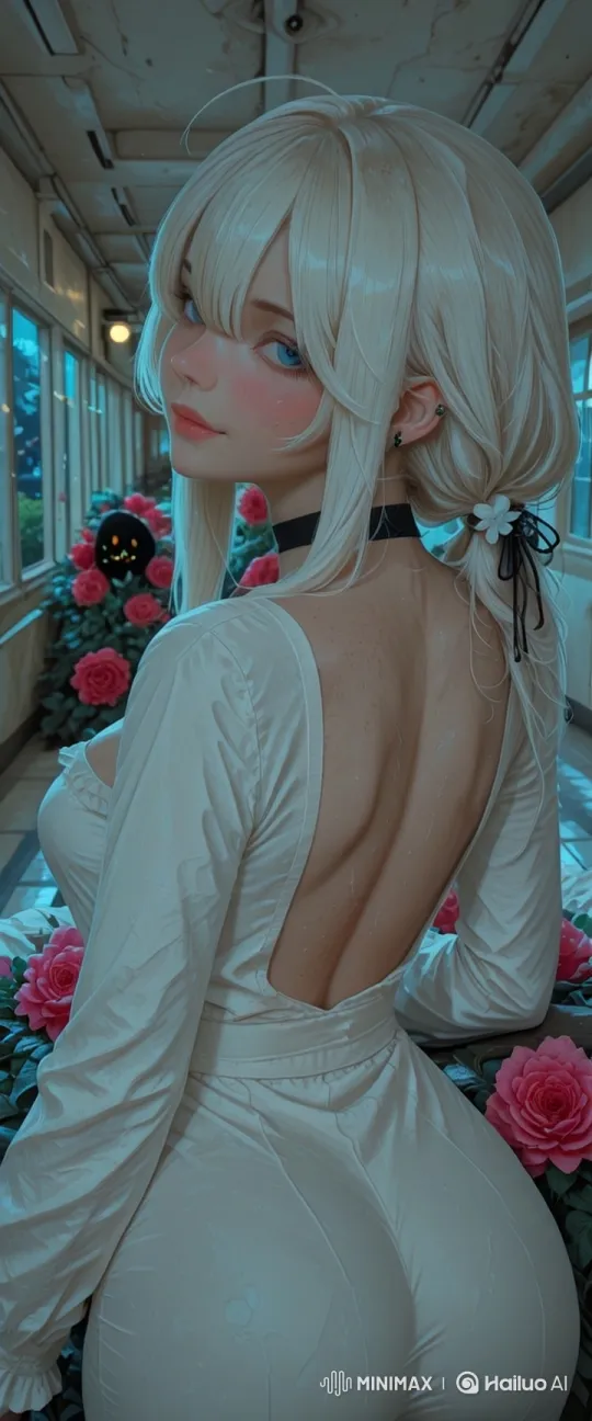Mysterious Woman in White Walks Through Rose-Lined Corridor – AI Generated Video | Hailuo AI