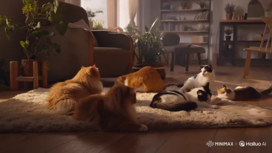 Cozy Sunlit Room: Cats Resting and Interacting – AI Generated Video | Hailuo AI