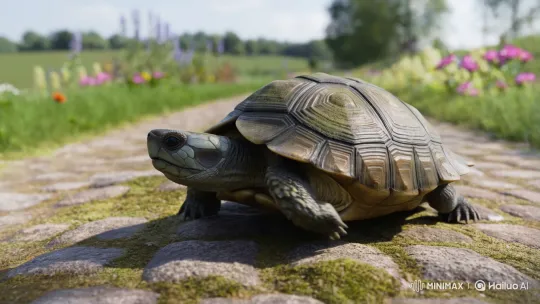 Slow Journey: Turtle on a Sunlit Country Road – AI Generated Video | Hailuo AI