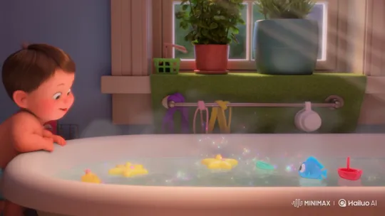 Toddler Joyfully Enters Sparkling Bathtub – AI Generated Video | Hailuo AI