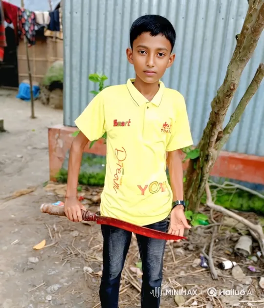 Young Boy Stands with Curved Red Blade – AI Generated Video | Hailuo AI