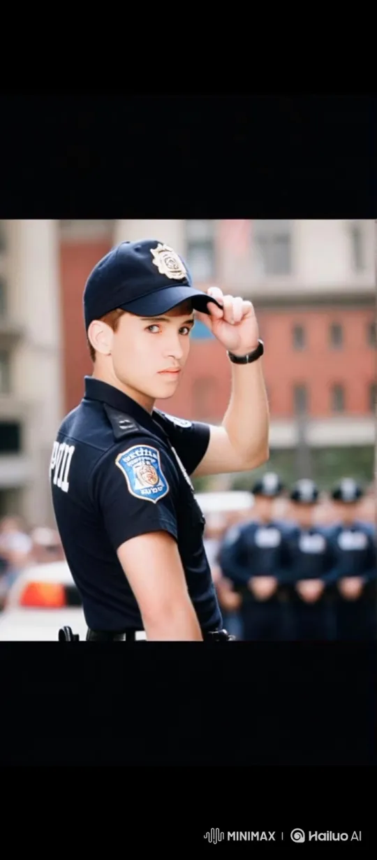 Young Police Officer in Uniform Turns to Attention – AI Generated Video | Hailuo AI