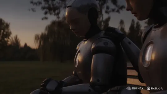 AI Robot Comforts Sorrowful Person in Twilight Park – AI Generated Video | Hailuo AI