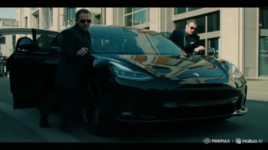 Mysterious Men Guard Glossy Electric Car on Urban Street – AI Generated Video | Hailuo AI