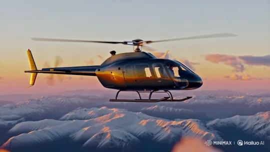 Helicopter Over Snowy Mountains at Sunset – AI Generated Video | Hailuo AI