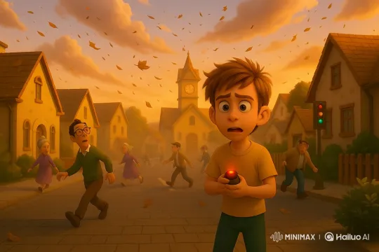 Boy with Time-Stop Device Saves Town in Animated Short – AI Generated Video | Hailuo AI