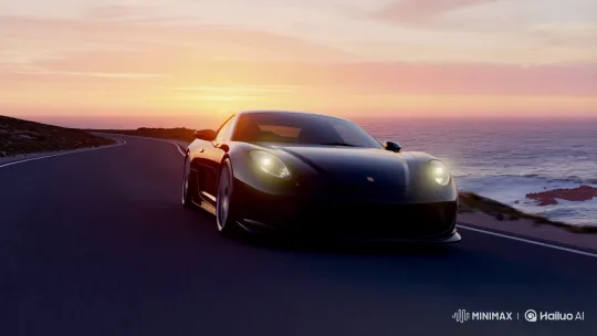 Sleek Sports Car Drives Along Coastal Road at Sunset – AI Generated Video | Hailuo AI