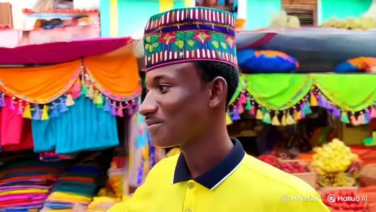 Young Man in Vibrant Market: A Day of Curiosity and Connection – AI Generated Video | Hailuo AI