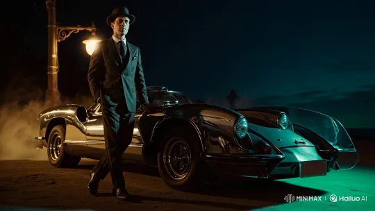 Dapper Gentleman and Retro-Futuristic Car at Night – AI Generated Video | Hailuo AI