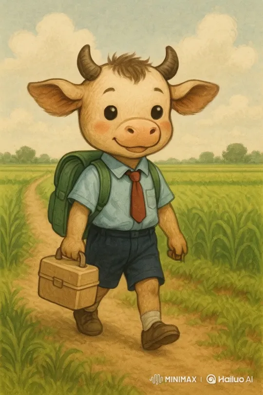 Anthropomorphic Bull Enjoying His Walk to School – AI Generated Video | Hailuo AI