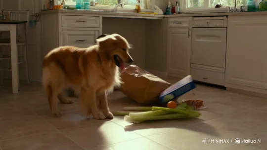 Golden Retriever Proudly 'Helps' with Grocery Cleanup – AI Generated Video | Hailuo AI